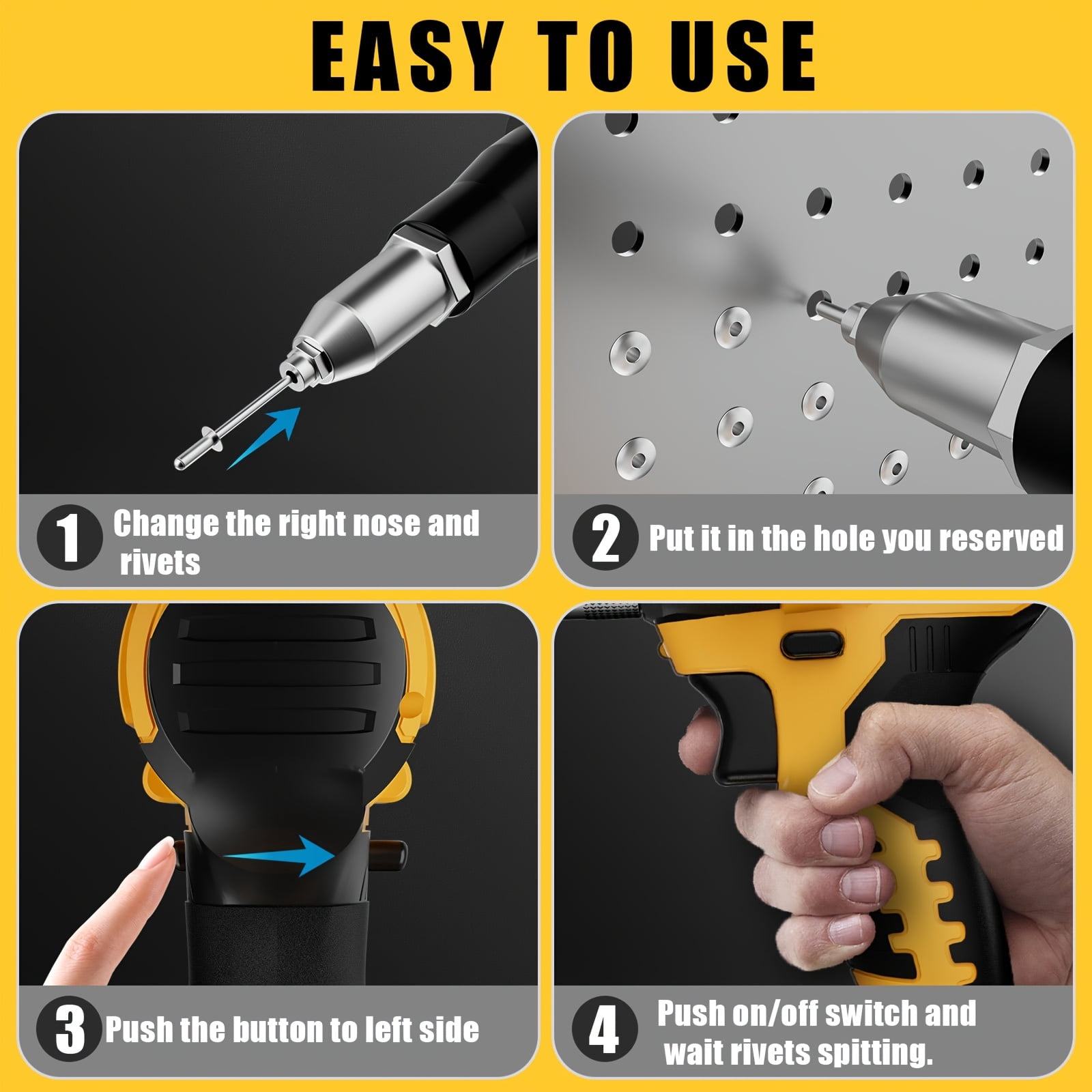 Pop Rivet Gun For 20V Battery, Cordless Rivet Tool With 3 Size (1/8", 5/32", 3/16") Aluminum Rivets, Brushless Motor Rivet Gun Kit Nose Piece（NO  Battery）