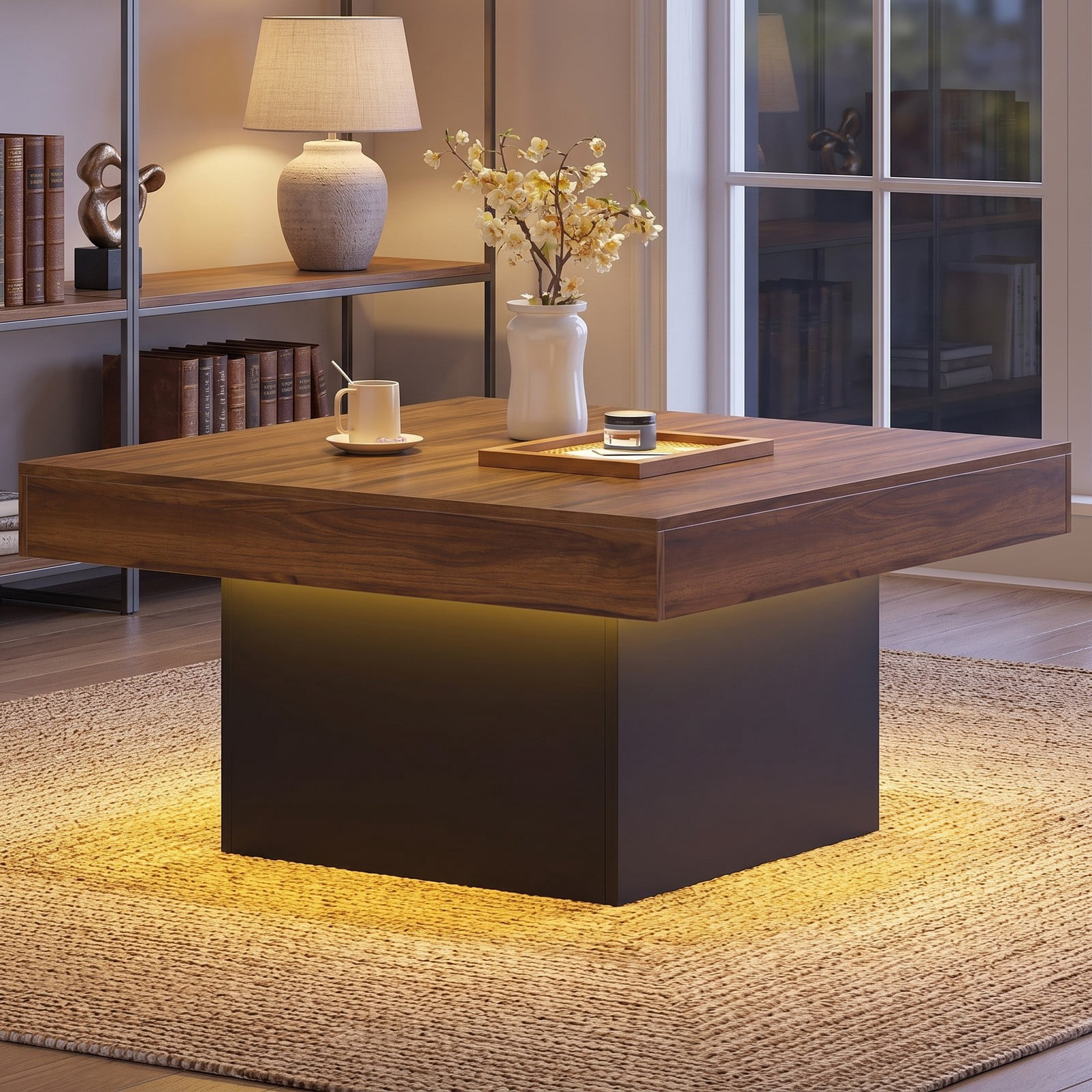 Furnibear LED Coffee Table Square Accent Table with RGB Lights and 21 Dynamic Modes, Remote Control, Engineered Wood Center Table for Living Room, Rustic Brown & Black