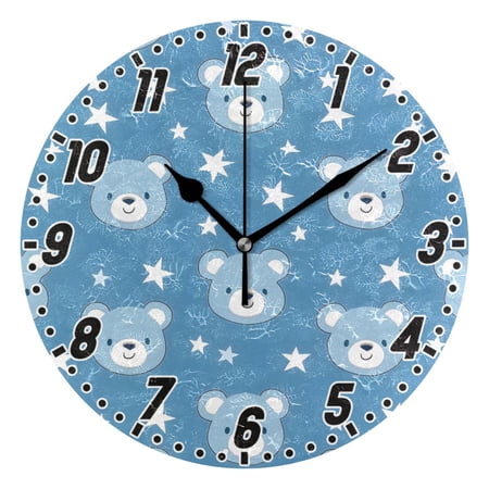 Baby Bear Face and Star Round Wall Clock Battery Operated Silent Non-Ticking Bedroom Office Kitchen Home School Decor 10(Black)