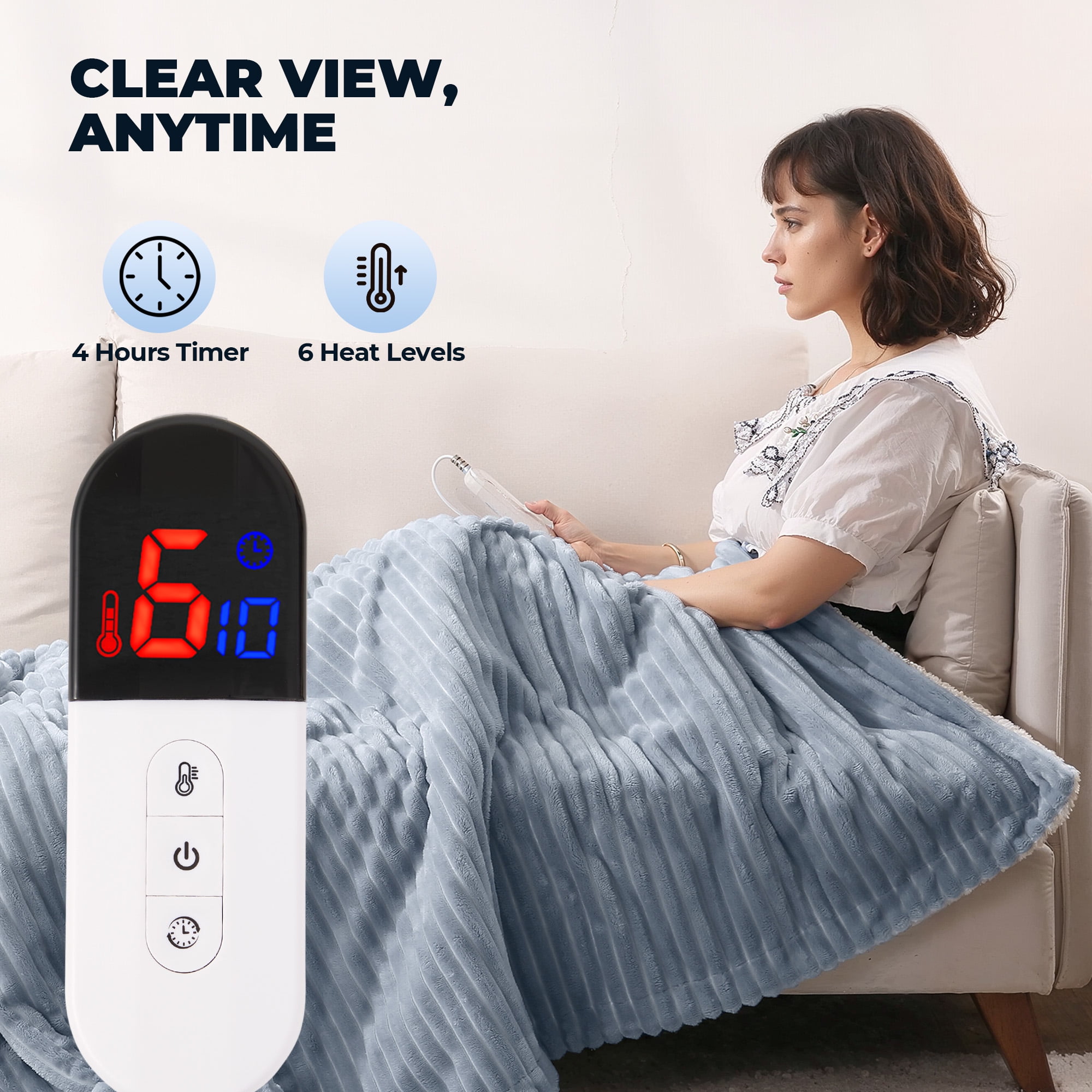 Naipo Heated Blanket 50" x 60" Flannel Soft Blanket for Couch 6 Heat Settings and 4 Hours Timer Shutdown Machine Washable Blue