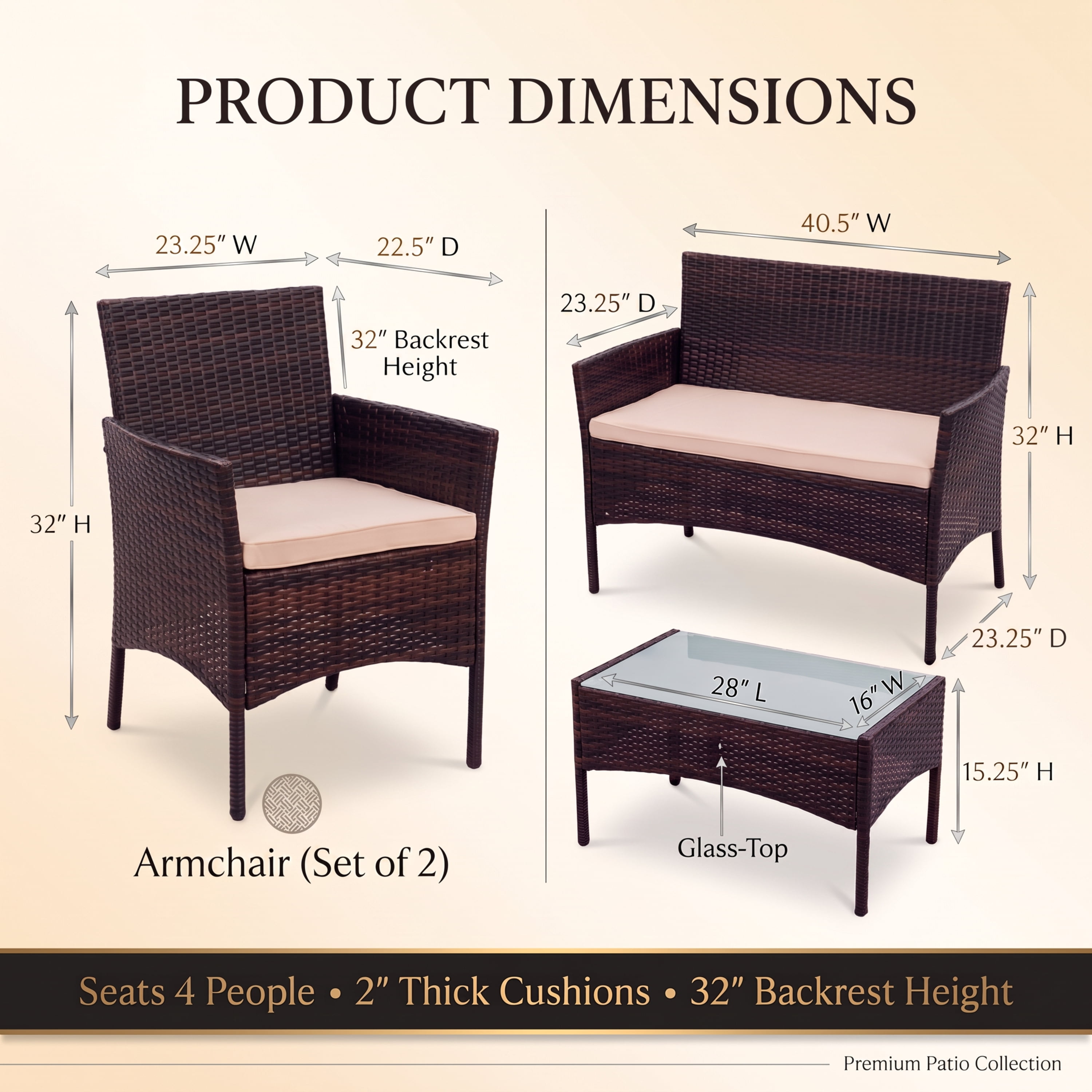 LammaLoe 4 Piece Outdoor Patio Furniture Sets, Patio Table and Chairs, Outdoor Furniture Sets with 2 Chairs Loveseat & Glass Top Coffee Table, Porch Furniture Brwon/Beige