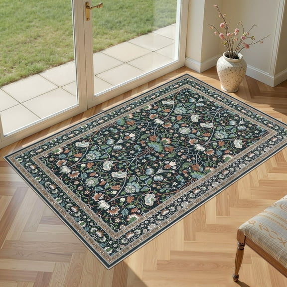 UERMEI 3x5 Area Rugs for Living Room, Indoor Washable Rug, Floral Area Rugs for Bedroom Home Office Decor Dining Room Carpets, Non Slip Low Pile - Black/Green/Brown
