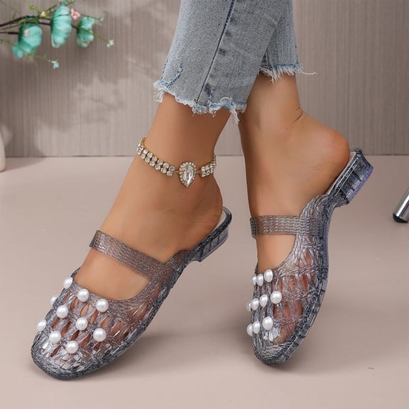 NexTorq Clear Jelly Slide Sandals for Women Slip On Closed Round Toe Mesh Hollow Flat Mary Jane Mules Beach Jellies Comfortable Buckle Strap Slippers Shoes, Navy, 5.5