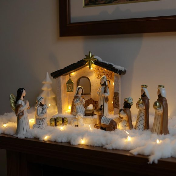 Nativity Set Indoor Christmas Decoration- 14 Pieces Nativity Scene with Manger for Nativity Scene Indoor Use, The Nativity Story Figures- Christian Religious Nativity Sets & Figures