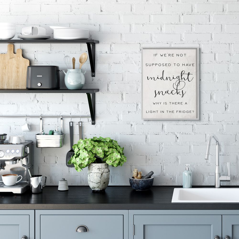 Stupell Industries Midnight Snack Joke Hungry Kitchen Phrase Black White Framed Wall Art Design by Daphne Polselli, 16" x 20", Gray Framed