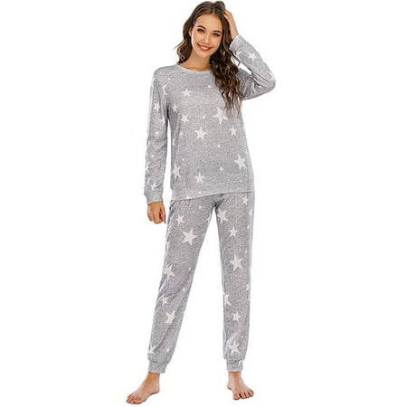 

Women Pajamas Set Stars Print Casual Long Sleeve Top with Pants Contrast Color Homewear Loose Sleepwear 2-Piece Nighty