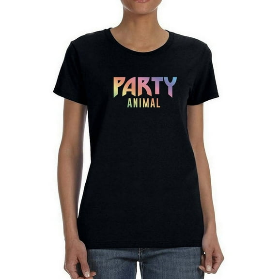 Party Animal Colorful Letters  Women Black T-Shirt, Female XX-Large