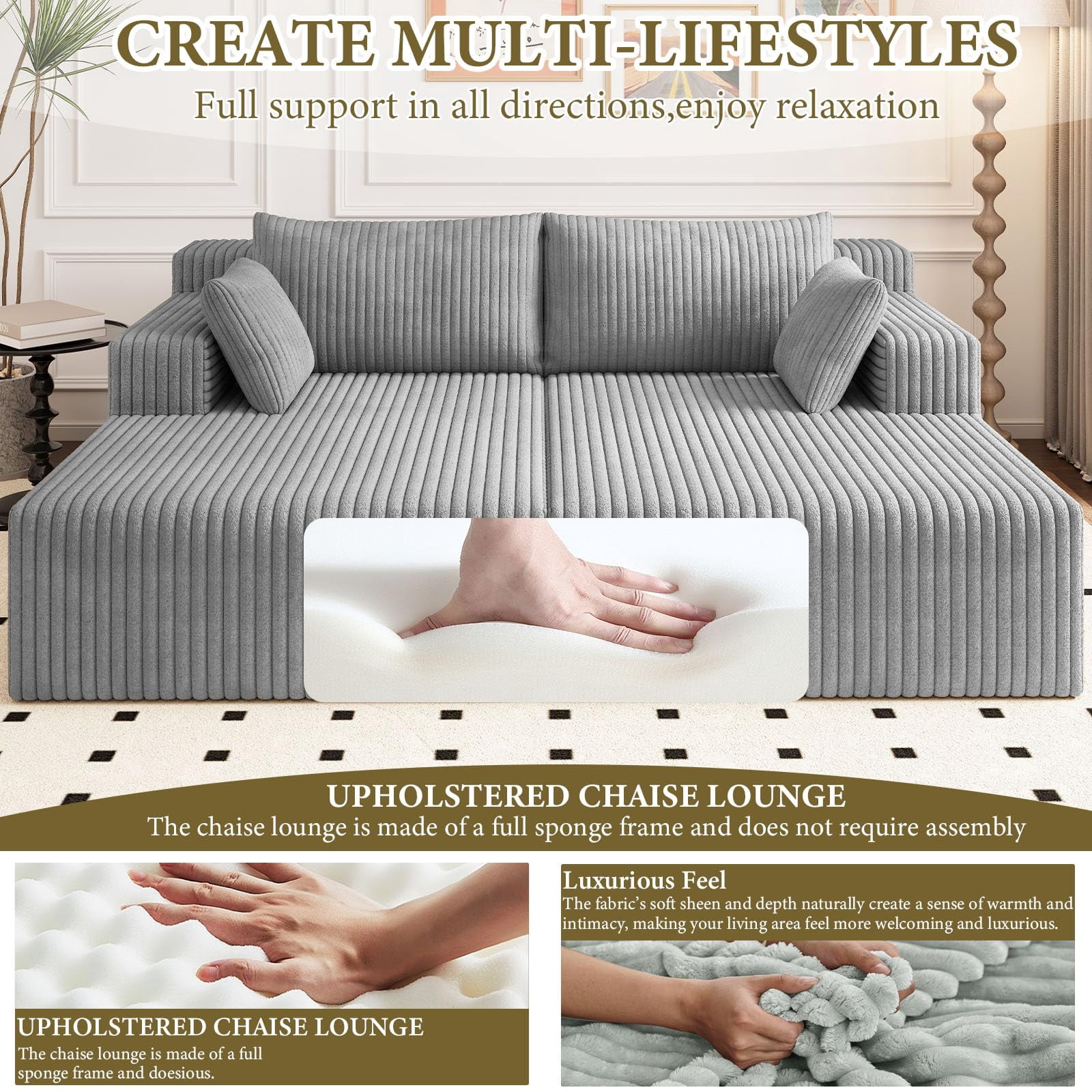 Aukfa 71" Oversized Double Chaise Lounge Indoor, Modular Boneless Cloud Couch Sleeper Loveseat, Deep Seat Corduroy Sofa Bed, No Assembly Required for Living Room Bedroom, Gray