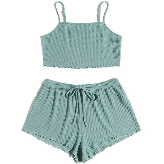 qolati Women's 2 Piece Waffle Knit Lounge Sets Pjs Matching Outfits Cami T-shirt and Shorts Sets Sleepwear Loungewear Casual Pajamas Sets