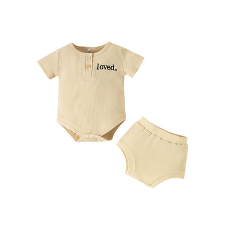 

Frobukio Infant Baby Girls Clothes Set LOVED Letter Embroidery Short Sleeve Romper+Shorts Summer Outfits Beige 0-3 Months