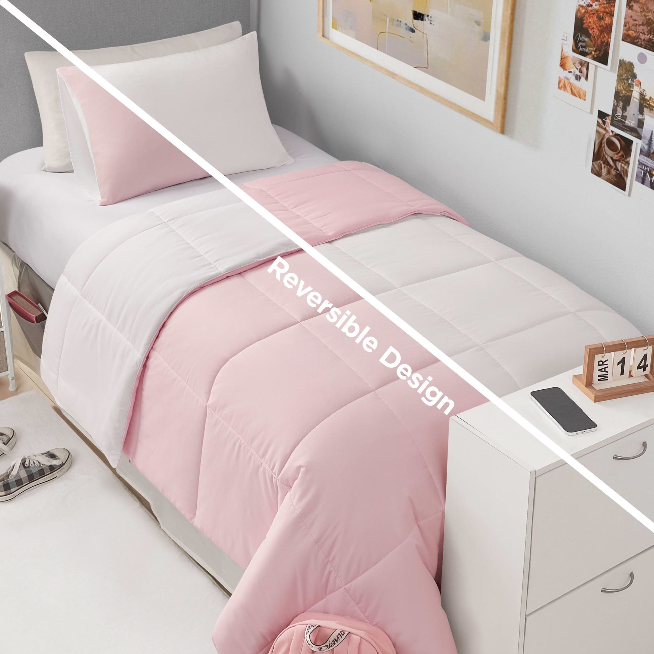 The Sheet Lab Reversible Box Stitch Comforter Set, 3-Piece King – Light Pink/White