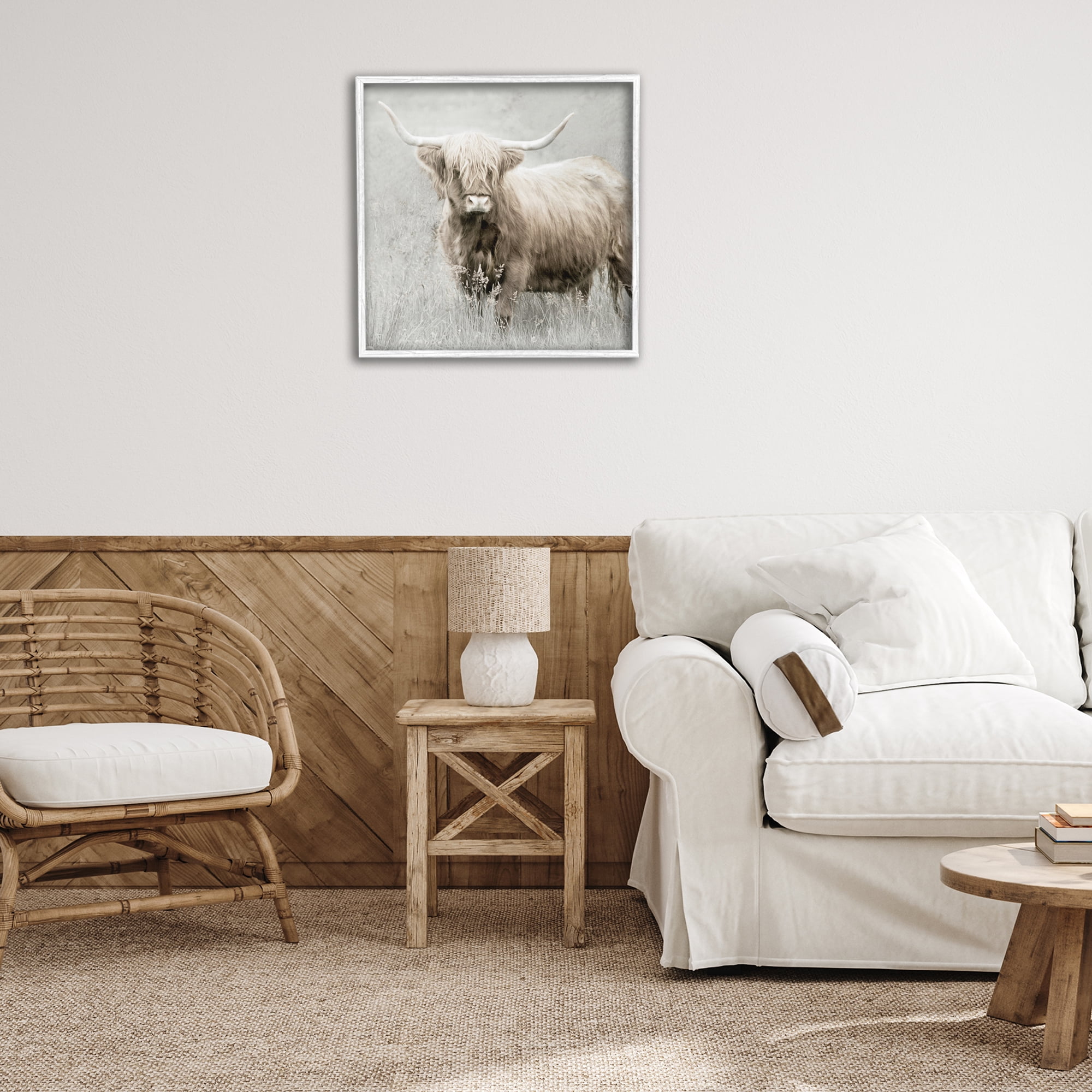 Stupell Industries Subtle Longhorn Cattle Animals & Insects Painting White Framed Art Print Wall Art, 24 x 24
