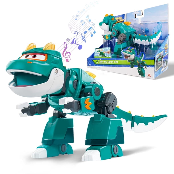 Super Wings Juguetes de dinosaurio de 15 '' Tino con luces de pulverización y sonidos de rugido Juguetes de dinosaurio grandes para niños de 3 a 5 Figura de acción de dinosaurio robot Tino con spray d