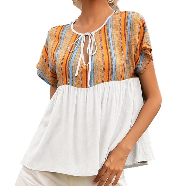 Camiseta con estilo para mujer, con estampado de retazos, escote de Color, Top de manga corta con cordón calado OAVQHLG3B Store lin121212