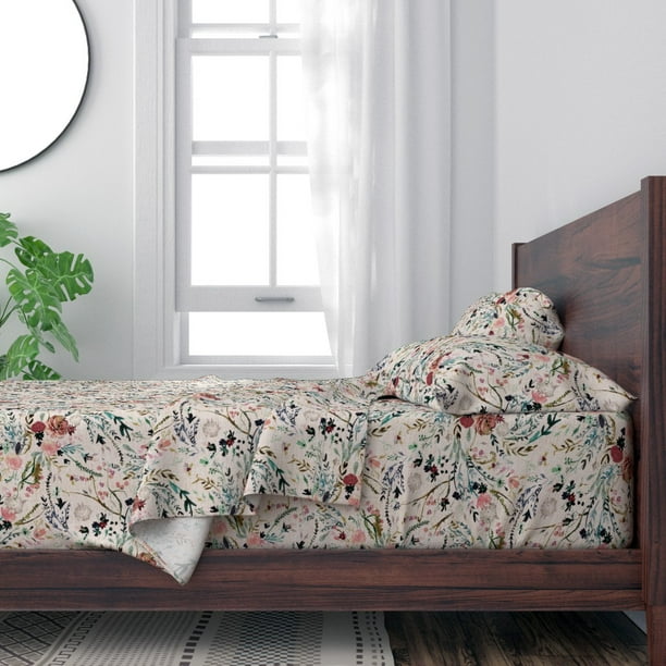 100 Cotton Sheets, Queen 4pc Set Fable Floral Blush Pink Vintage