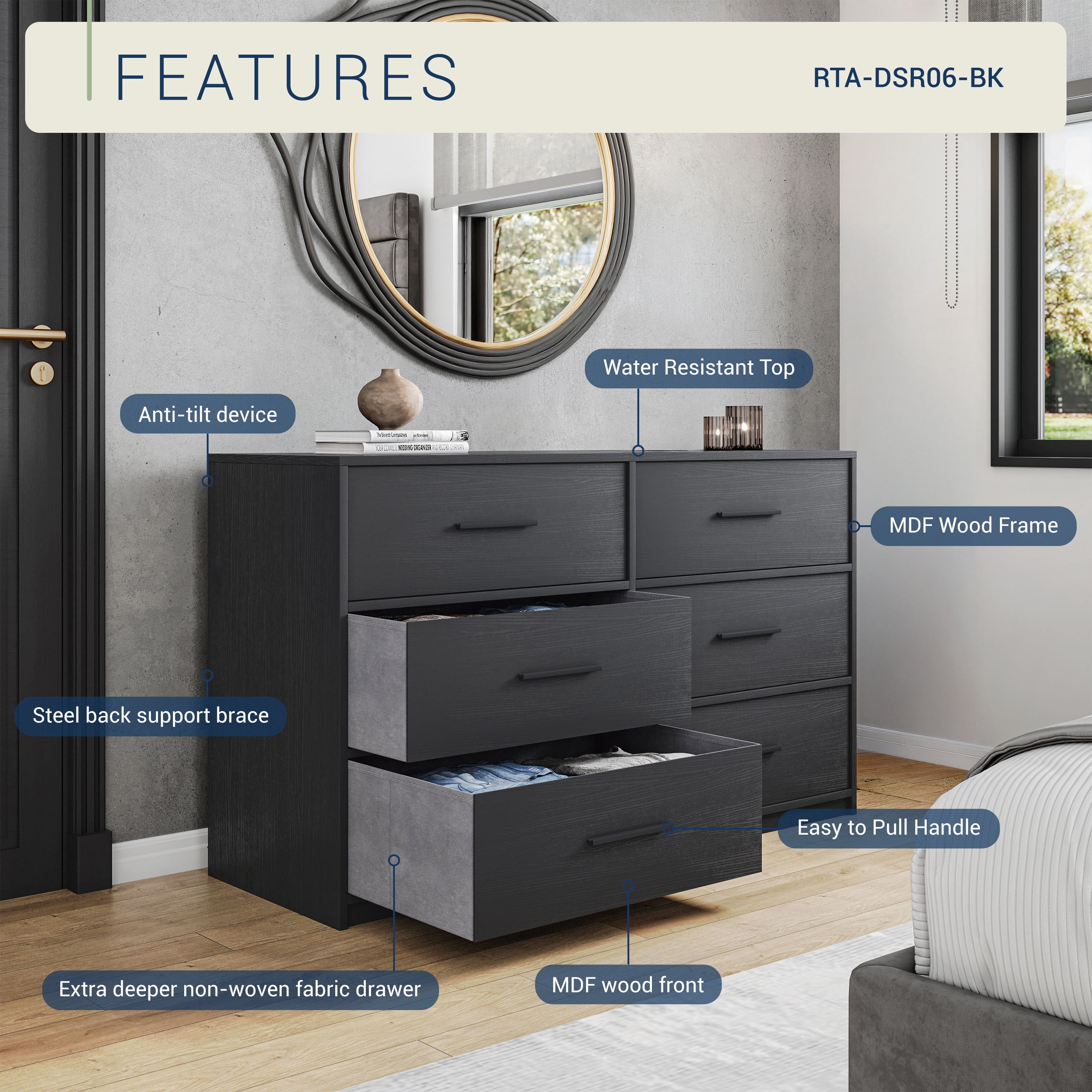 6-Drawer Dresser with Extra Large Fabric Bins, Wood Frame Storage Organizer for Bedroom, Living Room, or Hallway, Versatile Design Doubles as a TV Stand, Ideal for Home Organization, Black