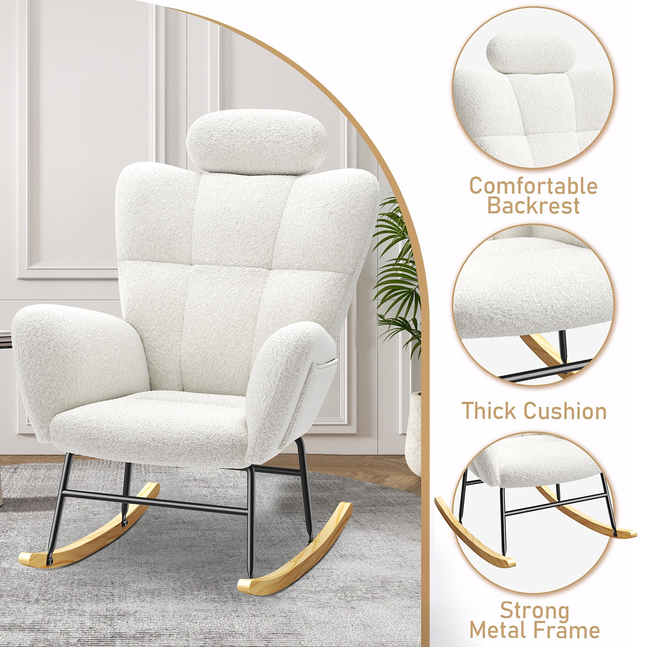 UHOMEPRO Modern Teddy Fabric Rocking Chair, Accent Rocker Chair with High Backrest, Accent Glider Rocker for Living Room Bedroom Playroom, White