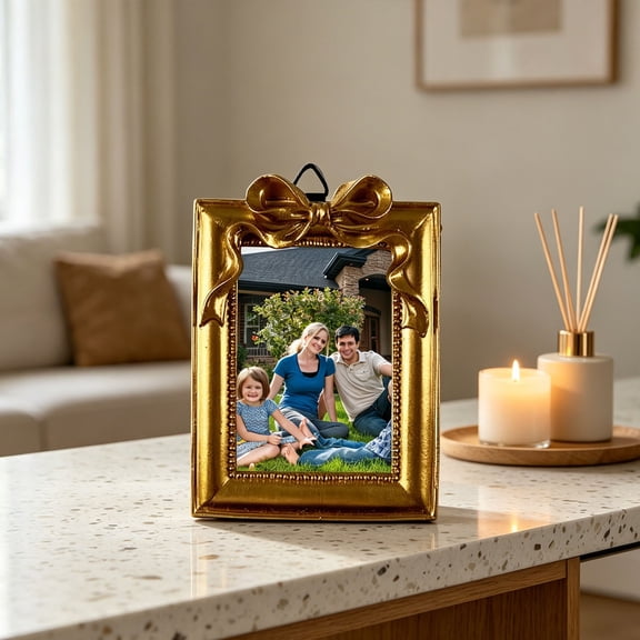 Nnndbs Gold Ornate Carved Picture Frame,Antique Gold Tabletop Photo Frame with Bow Design,Vintage Resin Wall Hanging Frame for Home Office,Wedding Gift for 5x7 4x6 Photo Display