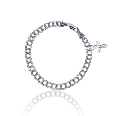 Decadence Sterling Silver Rhodium 12mm Cross Clear Swarovski Crystal 5.30mm x 7.25" Charm Bracelet