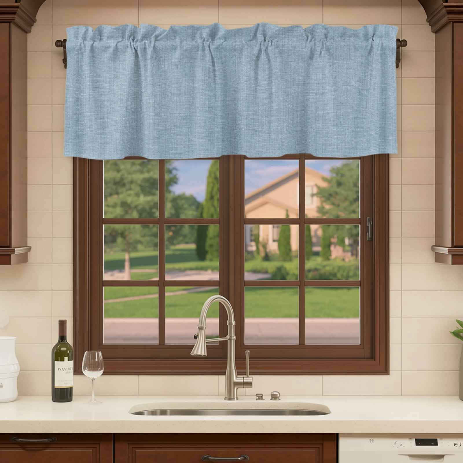2 Pack Valances for Windows, Vintage Sky Blue Window Valances for Living Room/Bedroom/Bathroom, Farmhouse Retro Solid Color Linen Texture Light Filtering Kitchen Curtain Valance 42"W x18" L