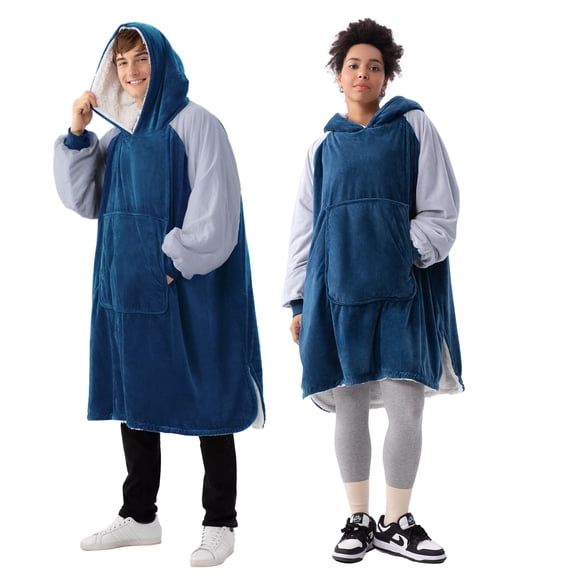 Winthome Wearable Blanket Hoodie Oversized Hooded Blanket Soft Warm Sweatshirt Sherpa Fleece Blue & Gray with Deep Pockets for Unisex 5.6-6.9ft, 160-220lb