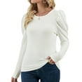 thumbnail image 2 of Defitshape Women's Puff Sleeve Shirt Ladies Slim Fit Tshirt Fall Tee Solid Casual Billow Ruched Blouse Puffy Shoulder Long Sleeve Top Fitted White 10-12, 2 of 5