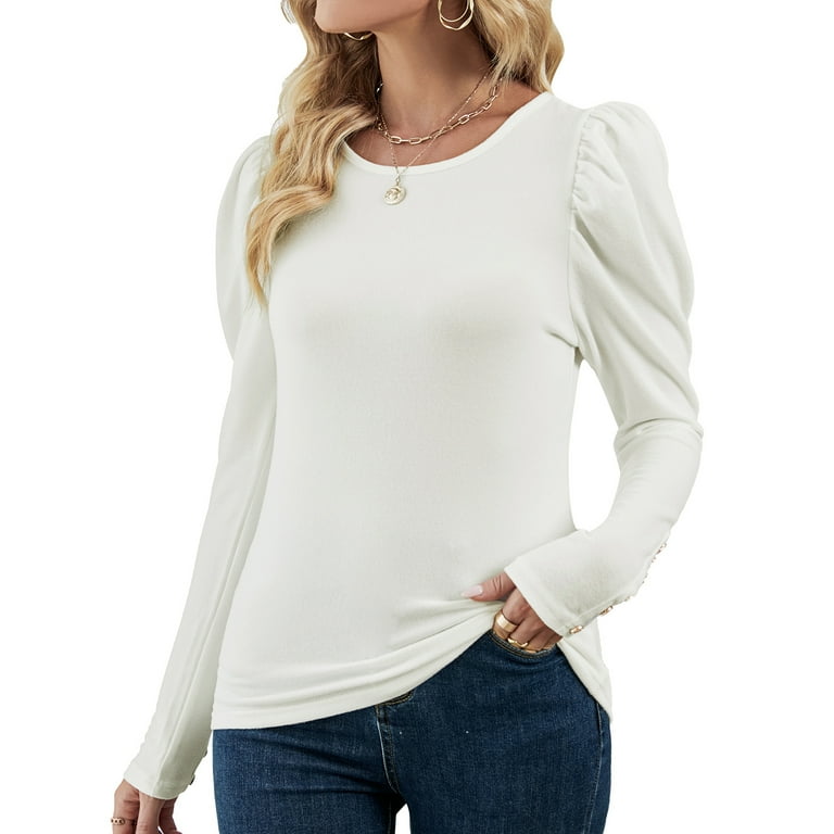 Defitshape Women s Puff Sleeve Shirt Ladies Slim Fit Tshirt Fall Tee Solid Casual Billow Ruched Blouse Puffy Shoulder Long Sleeve Top Fitted White 12 14 Walmart