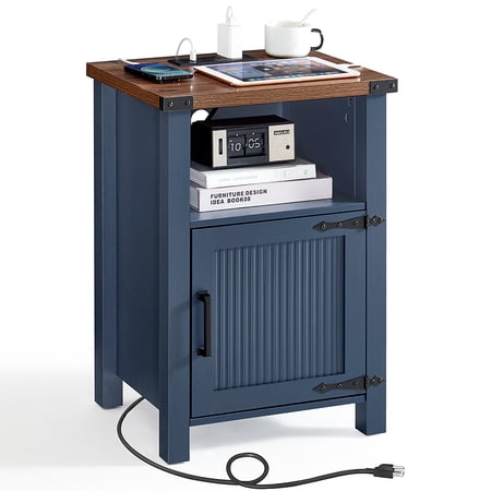 Farmhouse Nightstand 1 Piece with Shelf and Barn Door Wood Modern Beside Tables for Bedroom Living Room Blue