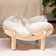 CheerPals Elevated Cat Bed, Washable Flower Pet Cushion with Sturdy Wooden Frame, Heavy-Duty Lounge Chair for Indoor Cats & Small Dogs, White