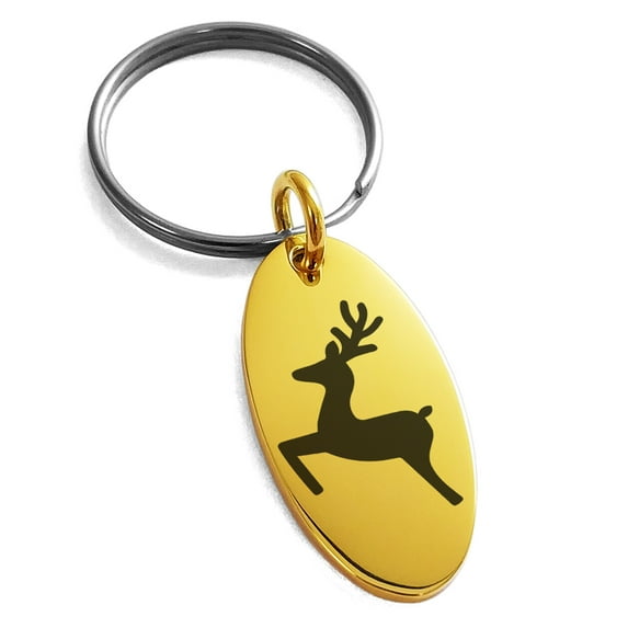 Rose Gold Stainless Steel Festive Jumping Reindeer Engraved Small Oval Charm Keychain Keyring