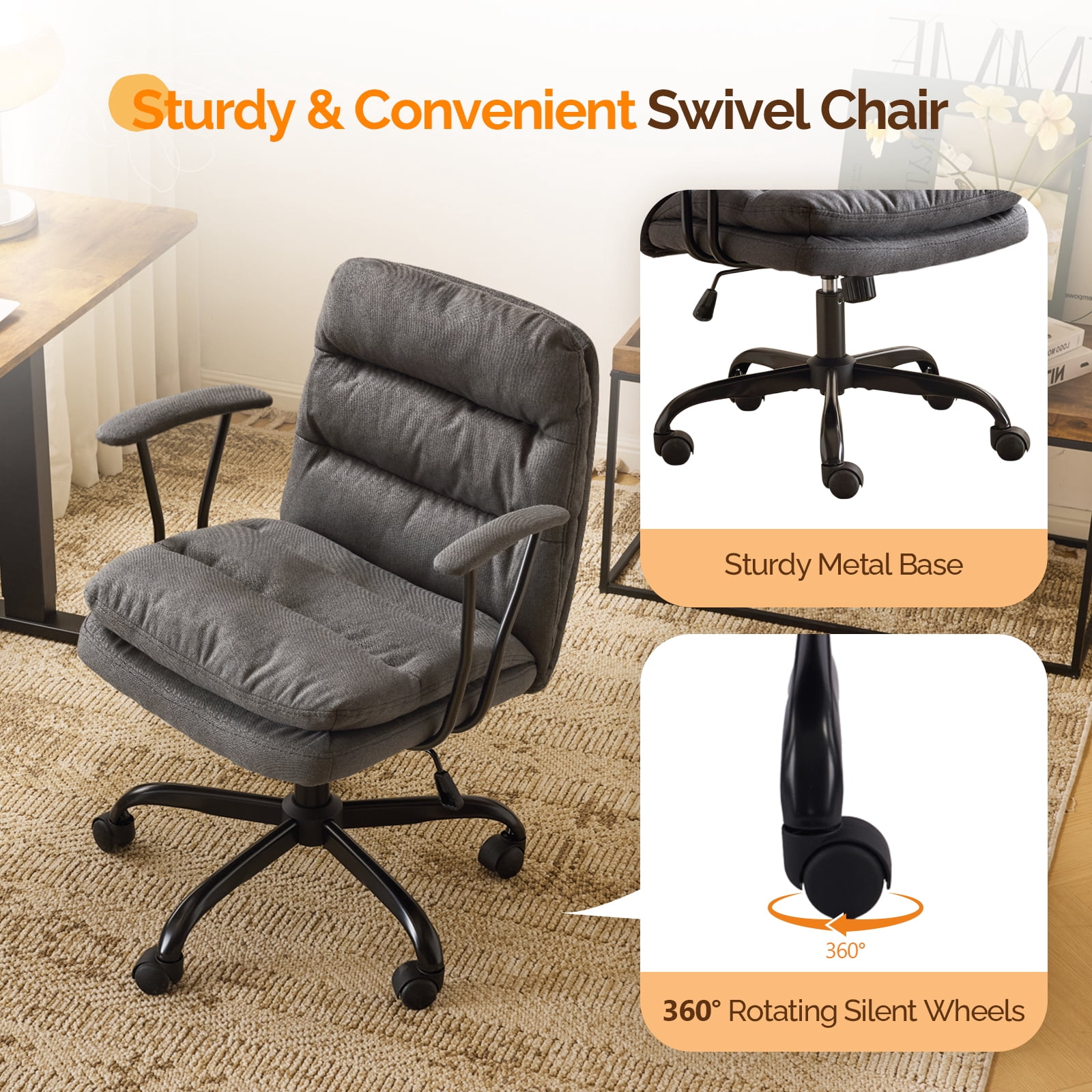 Ktaxon Office Chair with Armrests, Linen Fabric Desk Chair with Wheels, Swivel Task Chair for Study Room or Dressing Vanity Area Dark Gray