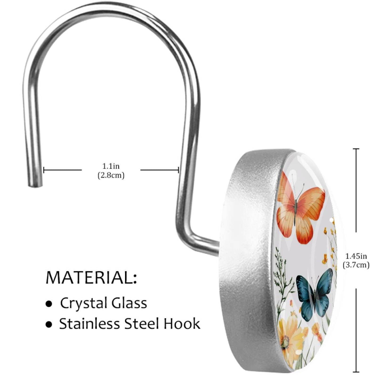 Butterflies Yellow Peony Florals Shower Curtain Hooks Round Crystal Glass, Set of 12 Shower Curtain Rings - Shower Hooks for Curtain Shower Rings
