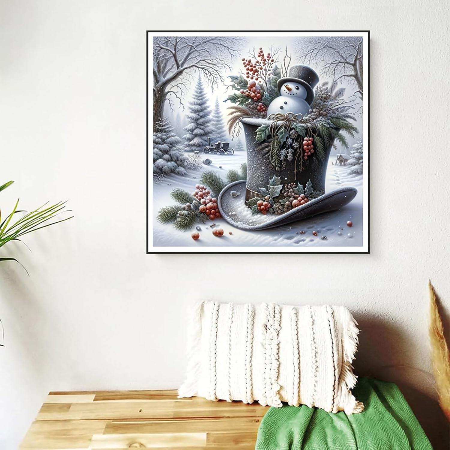 Adult Christmas Snowman Diamond Painting Kit, Beginner Christmas Hat Forest Diamond Art Kit, DIY Winter Holiday Rhinestone Dot Gem Painting Art Crafts Home Decor 16x16 Inch Unframed