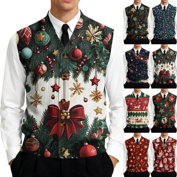 Resicozy Mens Christmas Vest Xmas Printed V Neck Holiday Tree Snowflake Fashion Vest Party Winter Tops Dark Green M