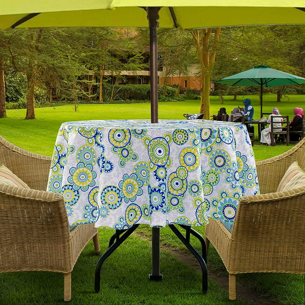 Summer Vinyl Table Cover, 70 Inch Round Patio Tablecloth With Umbrella Hole