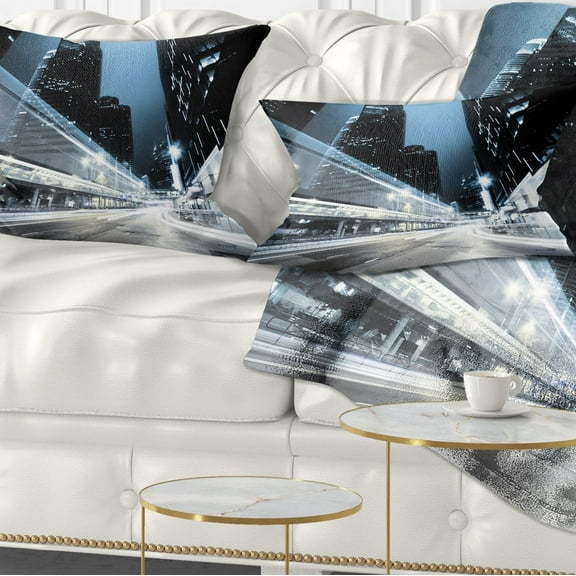 Designart Night Traffic in Hong Kong - Cityscape Throw Pillow - 12x20