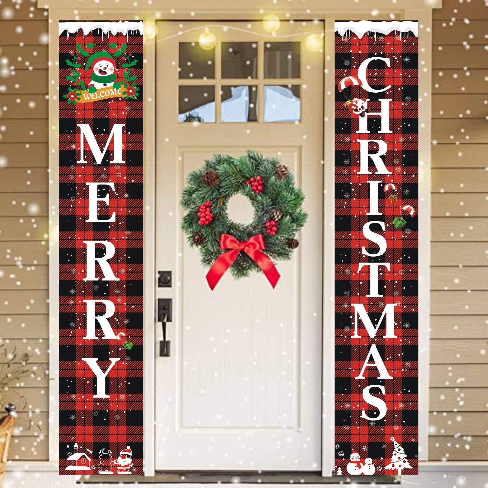 Christmas Decor Dual Sided Porch Sign Country Merry and Home Sweet Home with Buffalo Plaid Holiday Decor