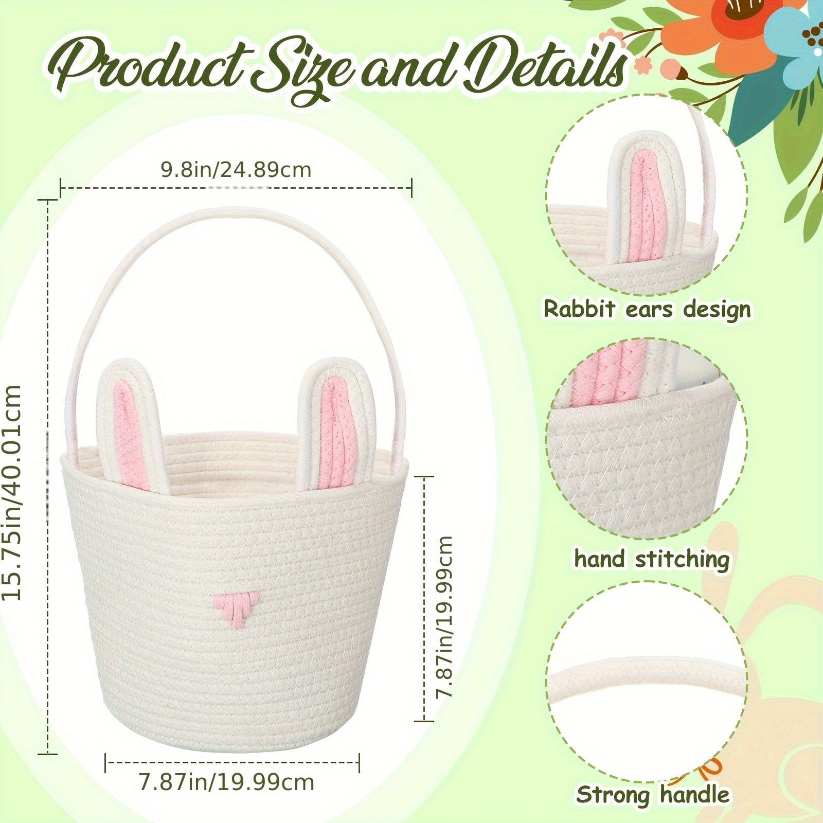 3Pcs Cute Easter Basket, Easter Bunny Basket Woven Rope 7.9 inch White Shelf Storage, Bunny Easter Basket for Egg Hunt Party Favors Spring Holiday Gifts and Home Decoration