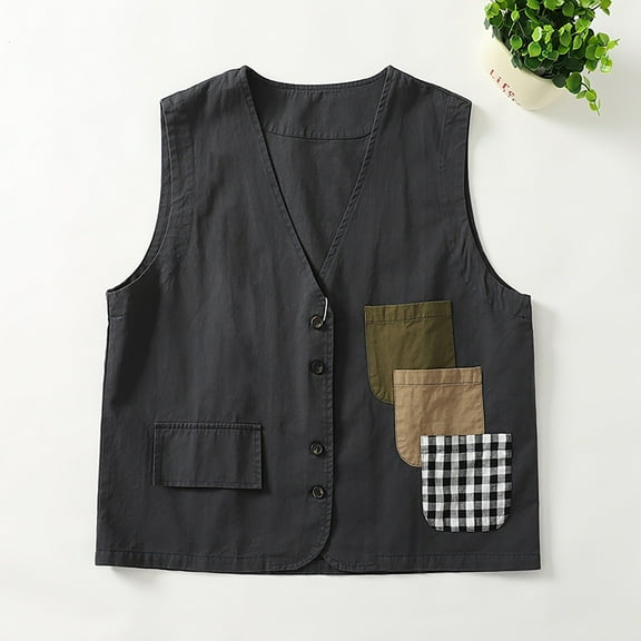 Levmjia Women Vest Sleeveless Waistcoat V Neck Button Tidal Stitching Printing Plus Size Jacket For Outdoor Work Casual Wear