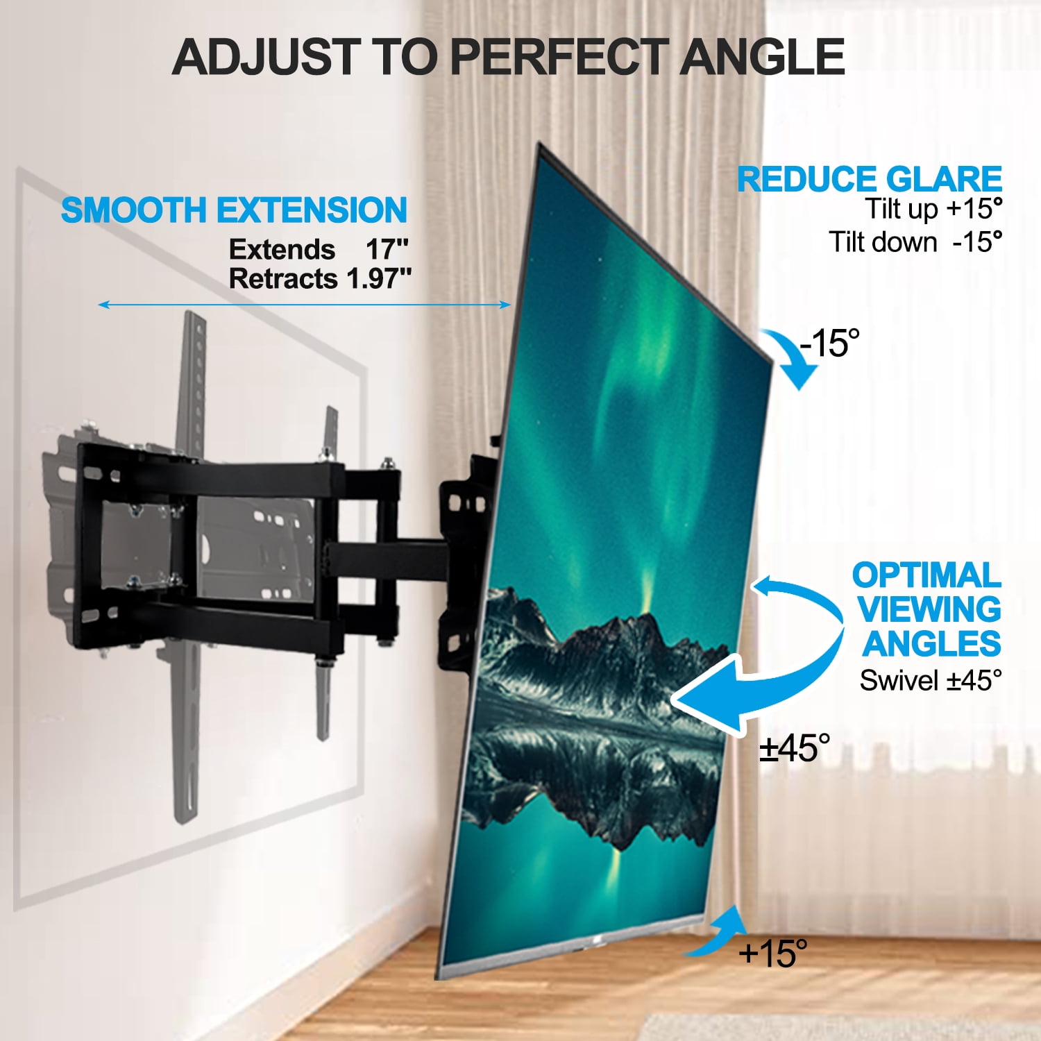 Full Motion TV Wall Mount Bracket for 32-80 inch TVs, Articulating Arms with Swivel Tilt Extension, Holds Up to 132lbs, Max VESA 600x400mm