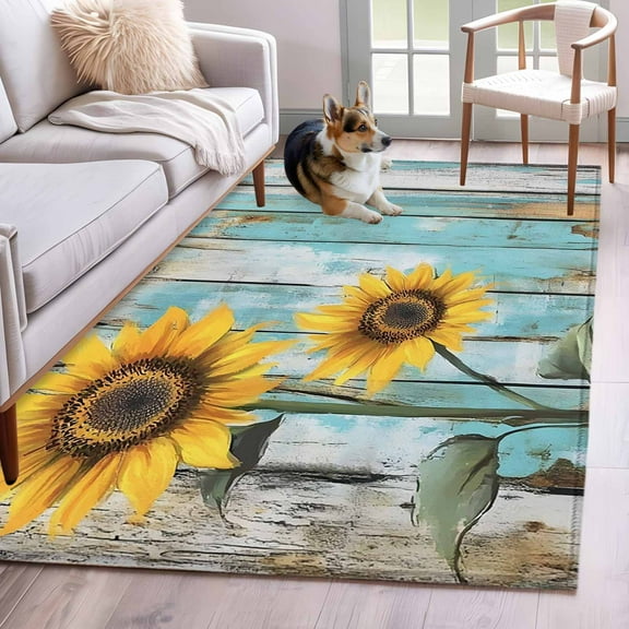 Summer Sunflower Area Rug 3x5 Washable Rug Non Slip Blue Wood Grain Farmhouse Country Large Area Rug Indoor Floor Carpet for Entryway Bedroom Kitchen Living Room Home Office Dining Room Nursery