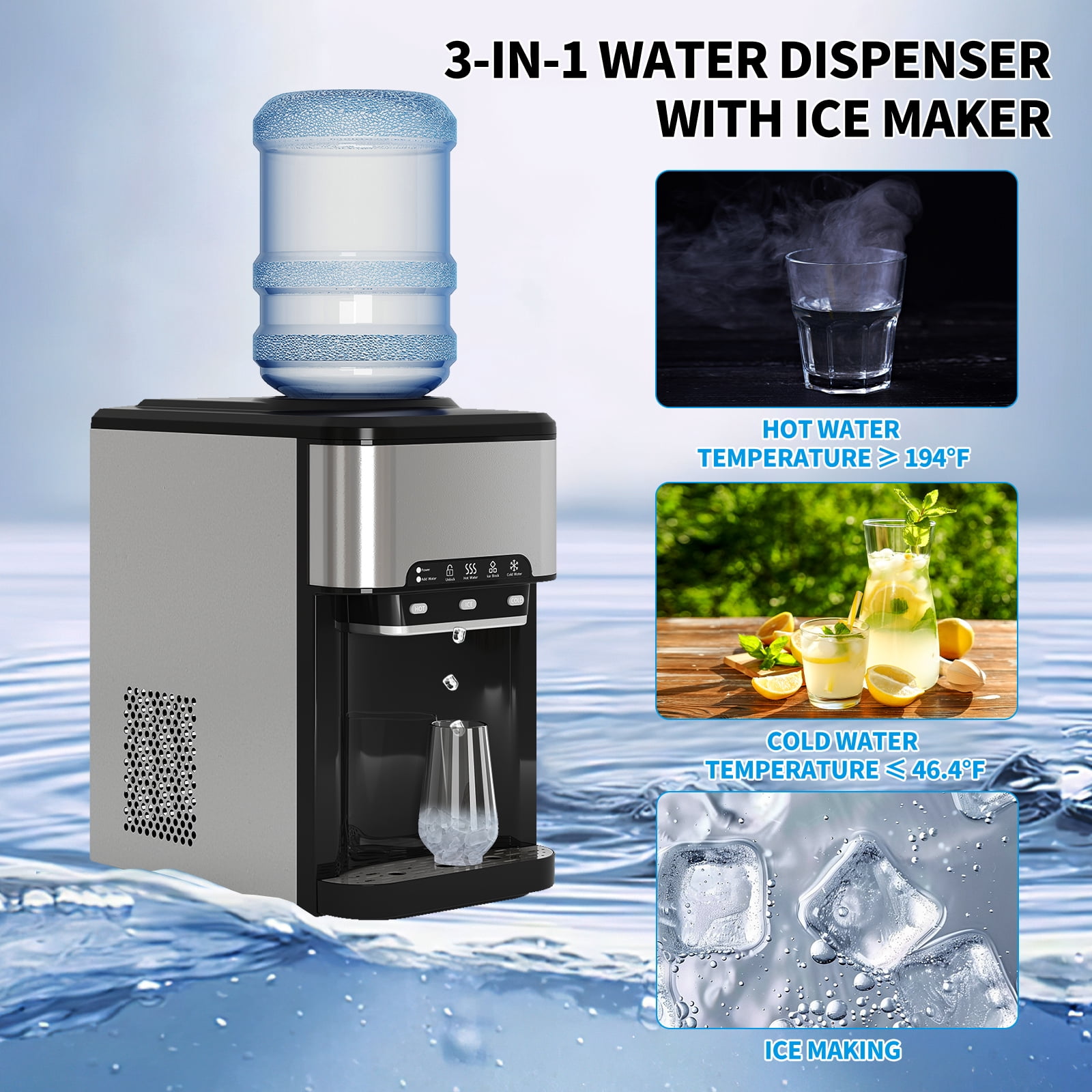 TABU 3 in 1 Water Dispenser with Ice Maker, 44 LBS/24H,Cold/Hot Temperature,Child Safety Lock,Black