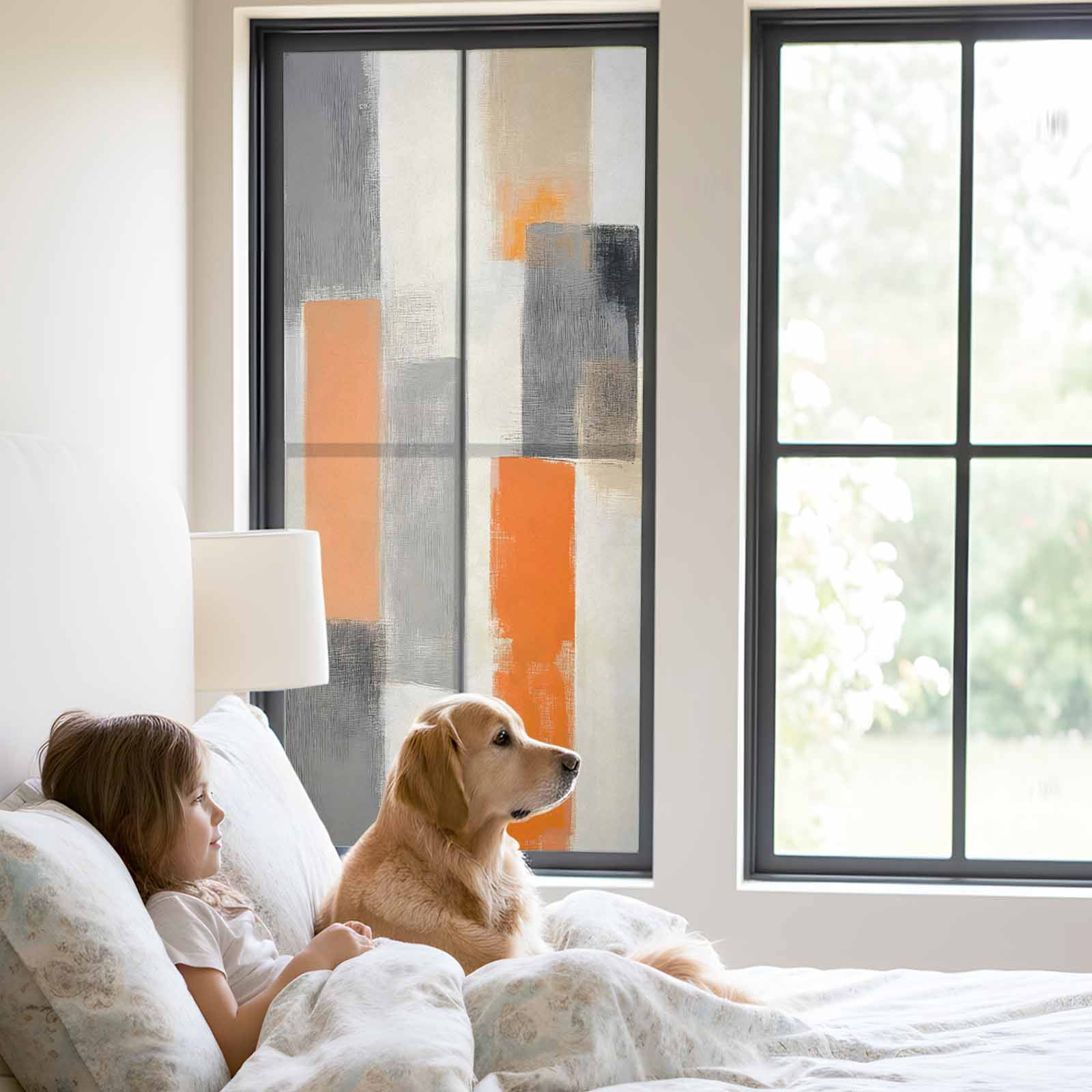 Modern Orange Beige Grey Window Privacy Film, Abstract Geometric Oil Painting Static Cling UV Sun Blocking Tint Film Heat Control Windows Films for Bedroom Bathroom, Window Stickers 29.5"x78.7"