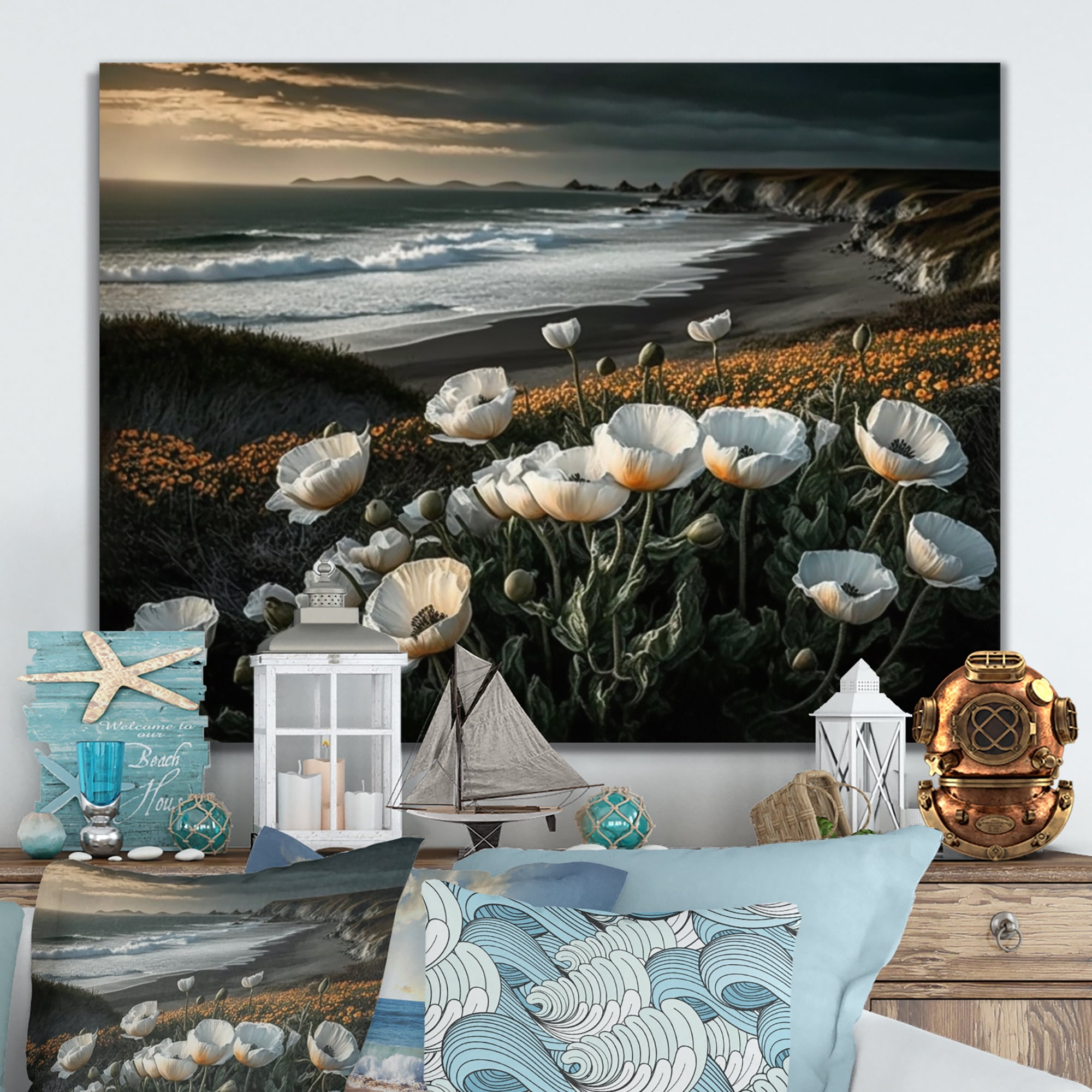 Designart White Flowers By The Coast II Canvas Wall Art