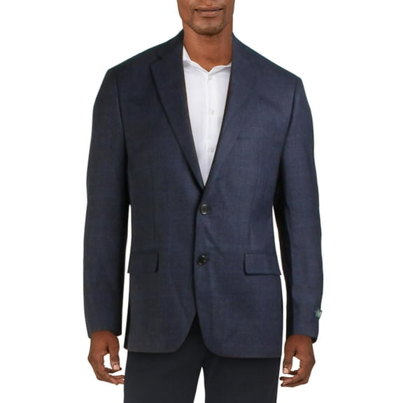 Lauren Ralph Lauren Mens Wool Blend Window Pane Two-Button Blazer Blue 40L