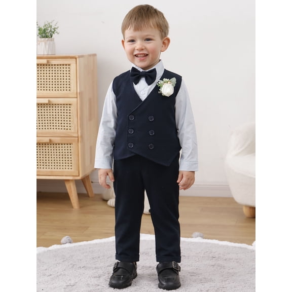 Toddler Baby Boy Clothes Suit 1-5T Wedding Outfits Formal Dress Shirt Vest Waistcoat Suspender Pants Corsage 5pcs