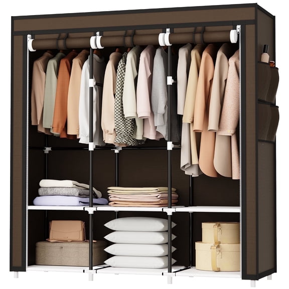 Riousery 51 Inch Portable Wardrobe Closet, 6 Storage Spaces with 3 Hanging Rods, Steel Frame Fabric Organizer, Easy Assembly and Dust Resistant Design, Brown