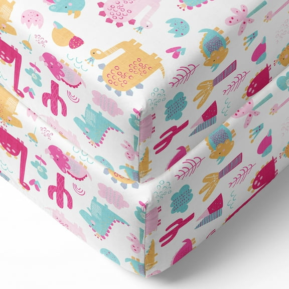 Bacati - Girls Little Dino Pink Fuchsia Orange Muslin Crib or Toddler Bed Fitted Sheet