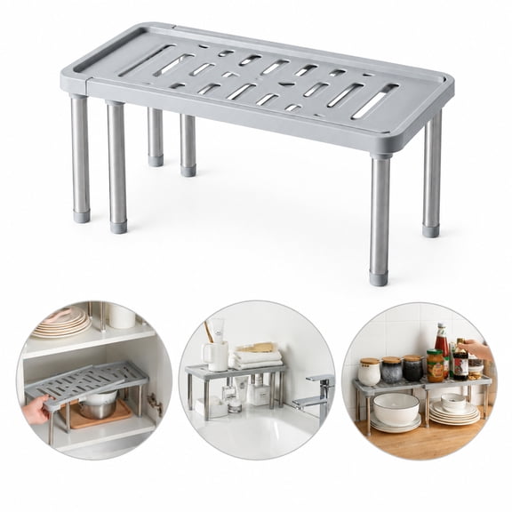 Aemutady Expandable Cabinet Organizer Shelf, Expands to 24" Max, Gray, Adjustable Storage Rack