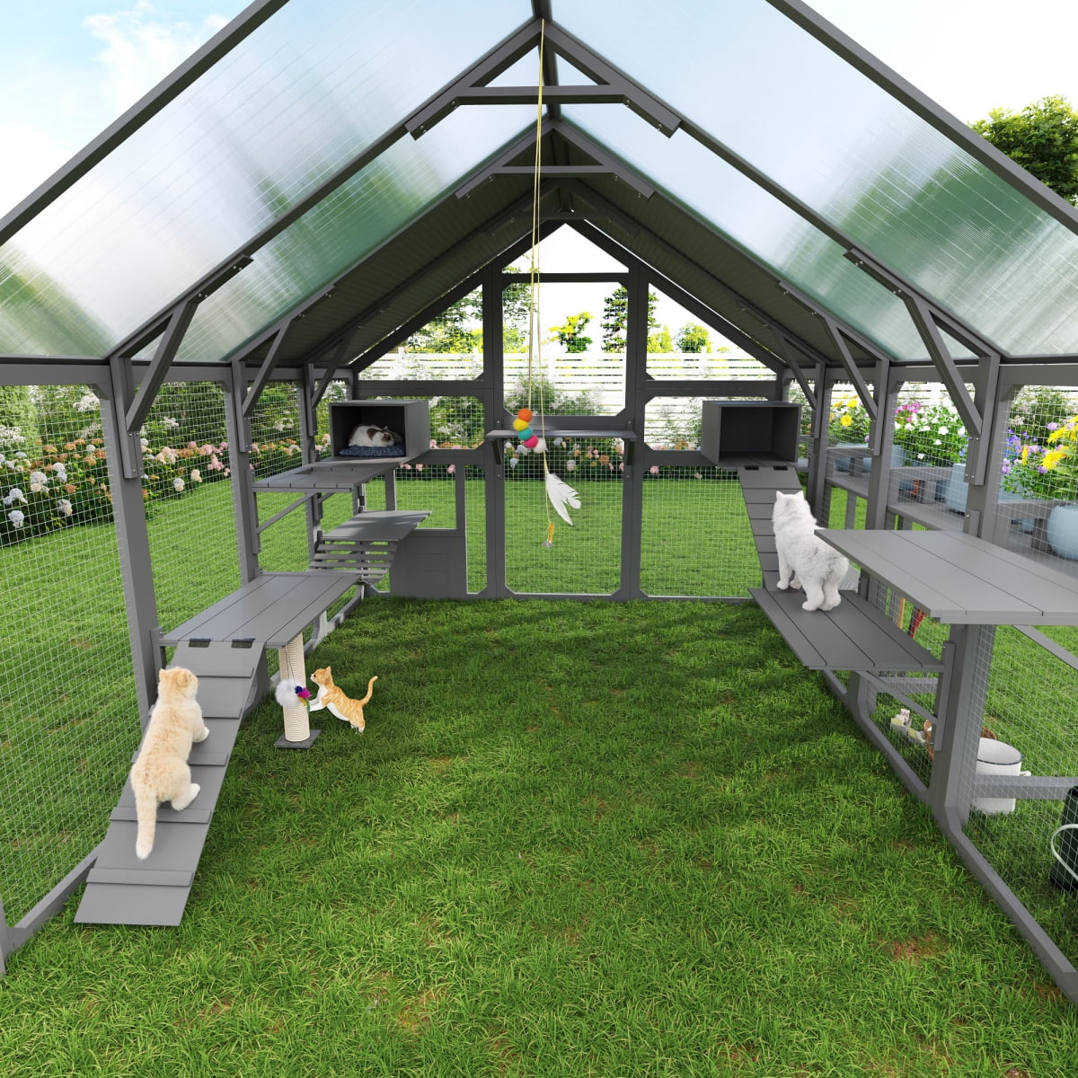 Large Outdoor Cat House with Planter Stand, Wooden Cat Enclosure with Resting Boxes and Hanging Bridge, Walk-in Catio Cage with Waterproof Cover, Gray,Ships 2 Pkgs